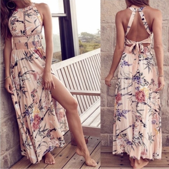 Jaase Endless Summer Bohemian Pink Floral Maxi Dress Smocked Halter Open Back M - Picture 13 of 16